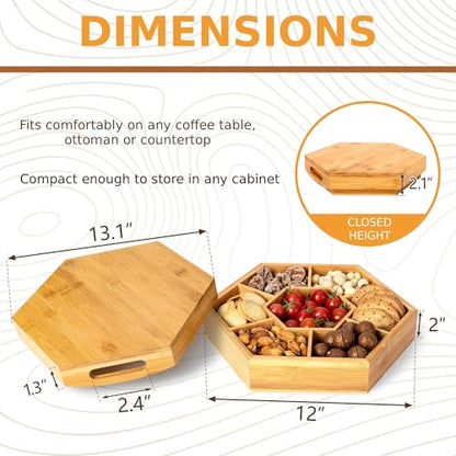Snack and Serving Tray Set – 13" Divided Bamboo Appetizer Platter for Dry Fruit, Nuts, Cheese and Charcuterie (Bamboo, 13"x11")