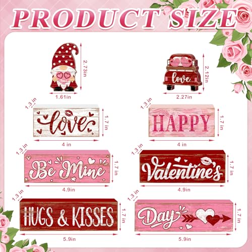 8Pcs Valentine's Day Table Decor Set, Rustic Wooden Love Hugs & Kisses and Happy Valentine's Day Tiered Tray Decorations, Farmhouse Wooden Stack Block Signs with Hearts Gnome for Home Kitchen Office - style: Pink Gnome Valentine's Day