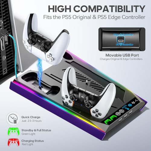 Rysker P-5/Slim/Pro Stand and Cooling Station with LED Controller Charging Station, P-5 Controller Charger, P-5/Slim/Pro Accessories Kit with 3 Level Cooling Fan for PlayStation 5 Case - color: Galactic Purple