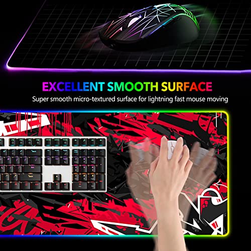 AIMSA Large RGB Gaming Mouse Pad, Keyboard Mousepad Led Extended 35.4 x 15.8 inch Non-Slip Rubber Base with 14 Lighting Modes, Big Desk Mat Waterproof, Red Black - color: Red Black