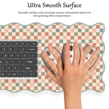 Scalloped Desk Mat Extended Large Cute Mouse Pad XXL Aesthetic Desk Pad Boho Plaid Mousepad Retro Beige Checkered Mouse Pad for Keyboard Computer Stitched Edges Non-Slip Home Office 31.5X15.7Inch - color: Multi, size: 31.5" x 15.7"