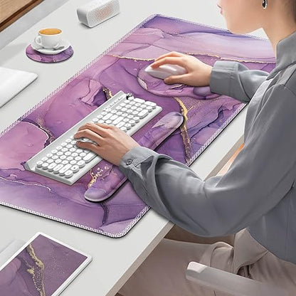 ToLuLu Desk Mat, XXL Large Mouse Pad Wrist Support Set，4 in1 Gaming Mousepad Desk Pad+ Ergonomic Mouse Pad with Wrist Rest + Keyboard Wrist Rest+Coaster for Women Home Office Computer, Purple Marble - color: Purple Marble