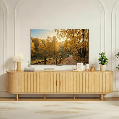 MXV 70" Mid-Century Modern TV Consoles with Sliding Doors, TV Stand with Power Outlet, Fluted Entertainment Center with Adjustable Shelves, for Living Room - color: Oak, size: 70in