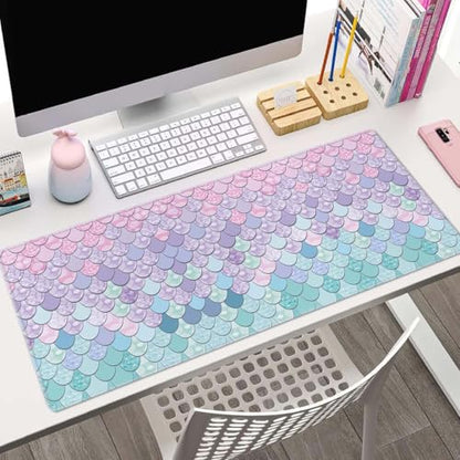 Gaming Mouse Pad Large,Mermaid Scales Mouse Pad Gaming Mouse Mat Desk Pad,31.5 x 11.8 Desk Mat Mouse Pads for Desk,Extended Keyboard Mousepad with Non-Slip Base and Stitched Edge - color: Mermaid Scales