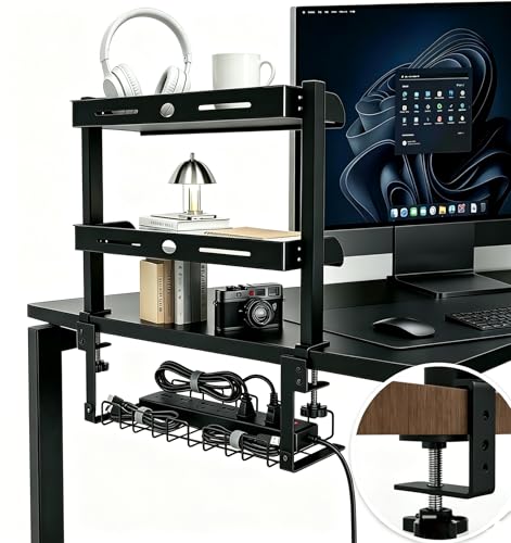 Clamp On Desk Shelves Organizer, Adjustable 2-Tier Desk Storage Rack with Large Trays, Phone Stand & Headphone Hook, No-Drill Setup for Office & Gaming Desks