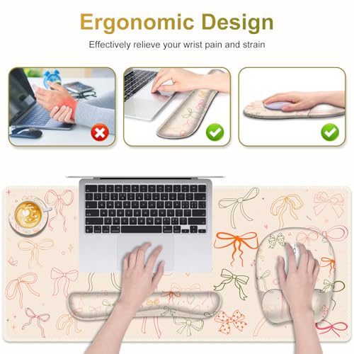 Apricot Mouse Pad with Wrist Support 4 in1 Set, XXL Big Game Mousepad + Keyboard Wrist Rest + Mouse Wrist Rest Pad +Coaster Gaming Mat for Home Office Work Computer I Colorful Cute Girl's Bow - color: Colorful Cute Girl's Bow
