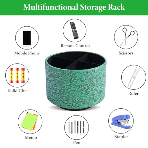 lizimandu Round Leather Art Supply Organizer,Remote Control Holder,360 Degree Spinning,Multi-Functional Pencil Holder,4 Compartments Desktop Stationary Organizer(1-Carved Green) - color: 1-Carved Green