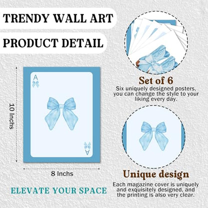 Isfvqyub Preppy Blue And White Cherry Wall Art, Aesthetic Cowgirl Boot Poster For Cowgirl Cowboy, Trendy Coquette Bow Ice Cream Wall Decor For Bedroom Dorm College Apartment, Set Of 6 -A08 - size: Blue And White Cherry