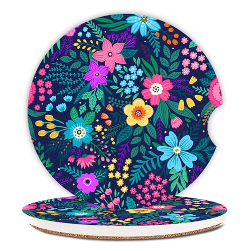 Blue Flowers Car Coasters for Drinks Absorbent,2 Pack Cup Holders,2.56" Ceramic Stone & Non-Scratch Cork Base Coasters,Auto Accessories for Women & Men. - color: Blue Flowers