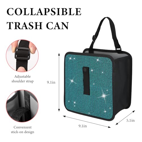 Car Foldable Trash Can, Bling Rhinestone Oxford Garbage Container Hanging Waterproof Organizer, Mini Crystal Dustbin Waste Basket Leakproof Trash Bin for Car Office Kitchen (Lake Blue) - color: Lake Blue