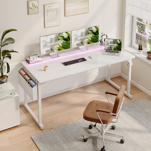 DurayLoly 55 Inch White Computer Desk with LED Lights, Office Desk with Storage Bag for Home Office, Gaming Desk with Headphone Hook for Study Writing Work Desk,Sturdy Metal Frame - color: White, size: 55 Inch