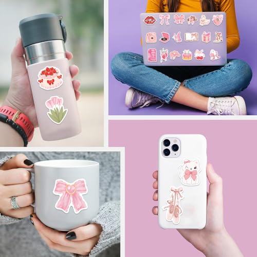100PCS Coquette Stickers, Cute Vinyl Laptop Stickers, Pink Coquette Aesthetic Stickers Decal, Pink Sticker Pack for Girls Water Bottles Laptop Computer Phone Guitar - color: Girly Stickers