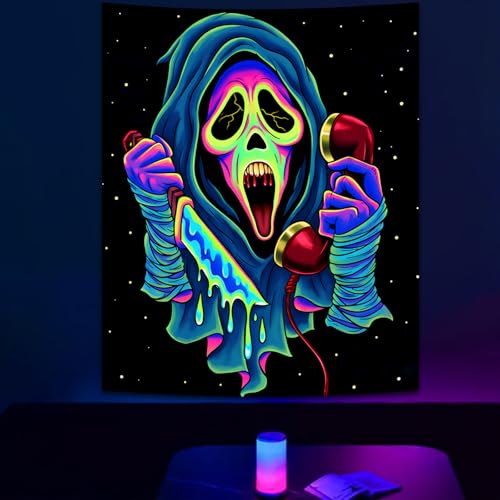 SparkLia Blacklight Horror Face Tapestry – UV Reactive Neon Scary Wall Hanging with Knife & Phone, Glow in the Dark Spooky Art Decor for Bedroom, Gaming Room & Party - 51" x 59" - color: D, size: 59"L x 51"W
