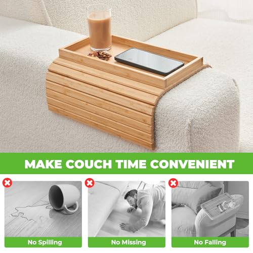 LOVYANXUE Bamboo Sofa Arm Tray, Anti Falling Couch Arm Tray Table, Foldable Couch Armrest Table, Portable Sofa Armrest Trays Cup Holder for Drink, Cups, Phone, Snacks, Remote - color: Bamboo Color, size: Large (without Phone Holder)