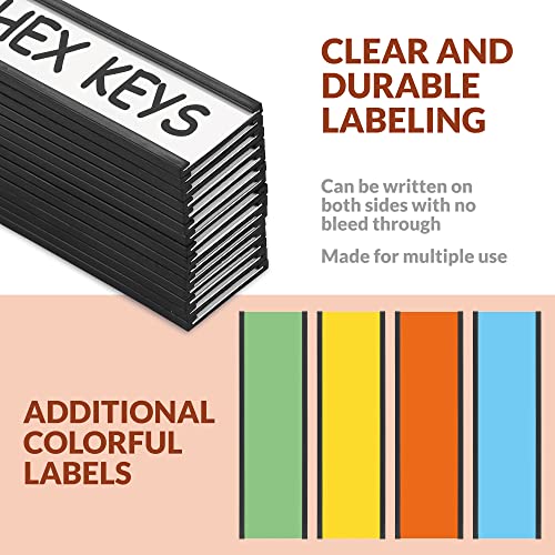 25 Pack C Channel Magnetic Label Holders 5x1.5 with 50 White Card Inserts, 25 Clear Plastic Protectors and Bonus 20 Colorful Cardstock Inserts in Blue, Green, Yellow and Red - Double-Sided Cards