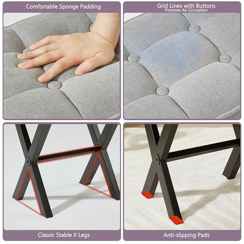 Royal Windsor Vanity Stool,Square Ottoman Stool Foot Rest,Upholstered Vanity Chair Foot Stool with Metal X Legs, Small Vanity Seat for Entryway,Bedroom and Living Room,Linen Light Grey - color: 12.6"d Light Grey+black