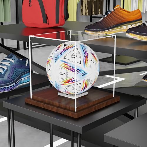 VGMiu Soccer Ball Display Case with Wood Base, Clear Acrylic Display Case Soccer Box with Removable Built-in Ball Holder for Autographed Balls, Sports Collectibles, Memorabilia Displays - size: Soccer Case