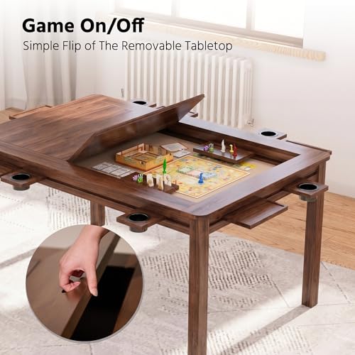 LAUSAINT HOME Board Game Table, 63" x 39" Gaming Table with Removable Table Top & Play Mat for 6 Players, Includes Detachable Cup Holders and Trays for Dining, Card, DND, Poker in Walnut - size: Rectangular Table