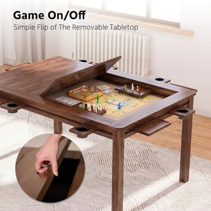 LAUSAINT HOME Board Game Table, 63" x 39" Gaming Table with Removable Table Top & Play Mat for 6 Players, Includes Detachable Cup Holders and Trays for Dining, Card, DND, Poker in Walnut - size: Rectangular Table