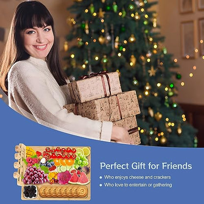 Bamboo Cheese Board and Knife Set - 14” x 11” Large Charcuterie Boards Set, Cheese Tray Platter Servers with Clasp Knife Holder, Gift for Valentines, Anniversary, Housewarming, Thanksgiving