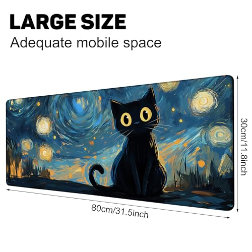 Black Cat Under Starry Night Gaming Mouse Pad Large Desk Mat Extended Keyboard Anime Mousepad with Non-Slip Base and Stitched Edge for Desk Home Office Gaming,31.5 x 11.8 Inch - color: Black Cat under Starry Night, size: 11.8*31.5inch