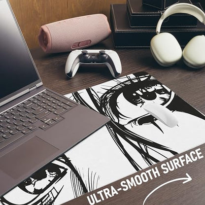 XL Anime Mouse Pad, Black and White Manga Eyes Desk Mat 31.5x15.7 in – Large Aesthetic Gaming Desk Pad with Non-Slip Rubber Base, Stitched Edges & Waterproof Cloth Surface - color: Anime, size: 31.5L x 15.7W inches