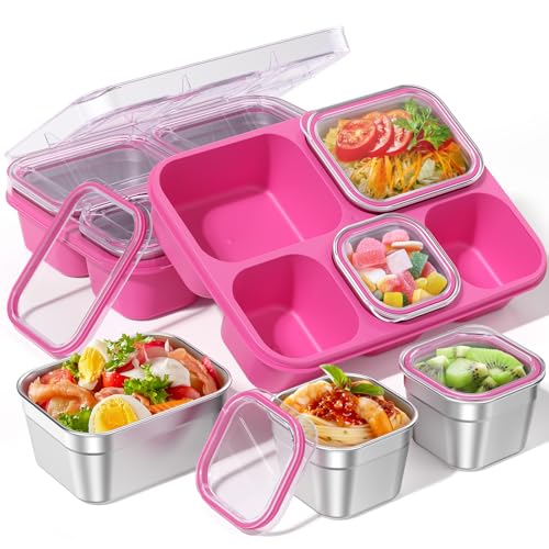 BiuLeon Snackle Box Containers, Stainless Steel 5 Compartments Divided Serving Tray with Lid, Removable LeakProof Portable Bento Box for Fruit Candy Nuts Food - School, Picnic and Travel（Pink） - color: Pink