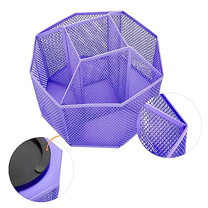 Annova Mesh Desk Organizer Rotate with 5 Compartments Spinning Tidy Candy/Pen Holder Office, Art Supply, Storage, Classroom, Home (Purple) - color: Purple