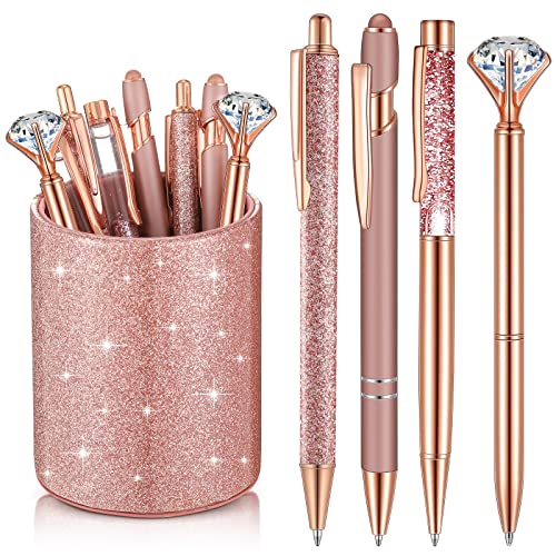 Sabary 8 Pcs Rose Gold Pens with Pen Holder for Desk Glitter Crystal Diamond Cute Ballpoint Fancy Pencil Holder Bling Desk Organizer for Women Girls School Office Supplies Wedding Graduation Gifts - color: Rose Gold