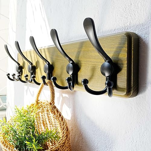 Dseap Wall Mount Coat Hanger - Heavy-Duty Robust Barnwood-Style Wooden Hook Rail with 5 Triple Hooks for Winter Coats, Hats, Jackets, Weathered Green & Black - color: Weathered Green & Black, size: L=17.4"