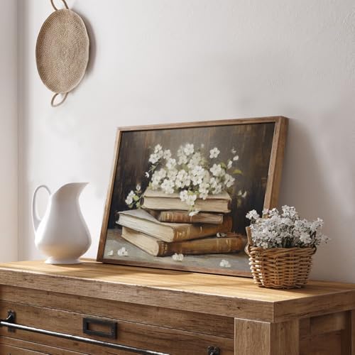 uniro Vintage Wall Art Prints Meadow Books and Flowers Canvas Oil Painting, Antique Cottage Artwork Light Academia Decor for Bedroom Bathroom Decor (8" x 10"-UNFRAMED) - color: Books and Flowers