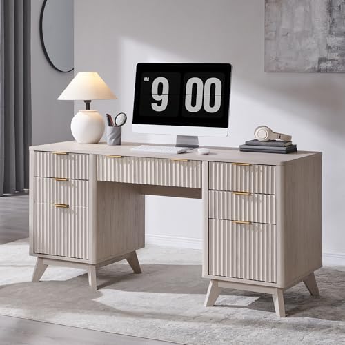 T4TREAM Modern Fluted Executive Desk with Drawers, 60" Home Office Computer Desk with Charging Station & Keyboard Tray, Alder White - color: Alder White