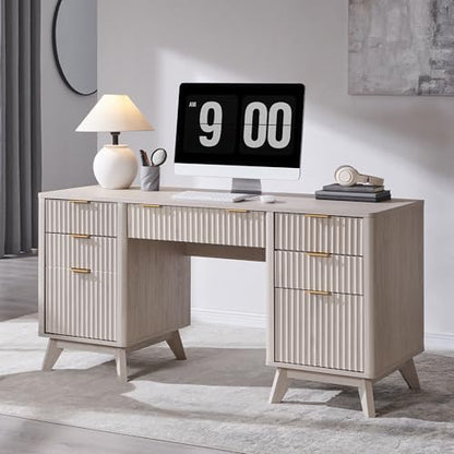 T4TREAM Modern Fluted Executive Desk with Drawers, 60" Home Office Computer Desk with Charging Station & Keyboard Tray, Alder White - color: Alder White