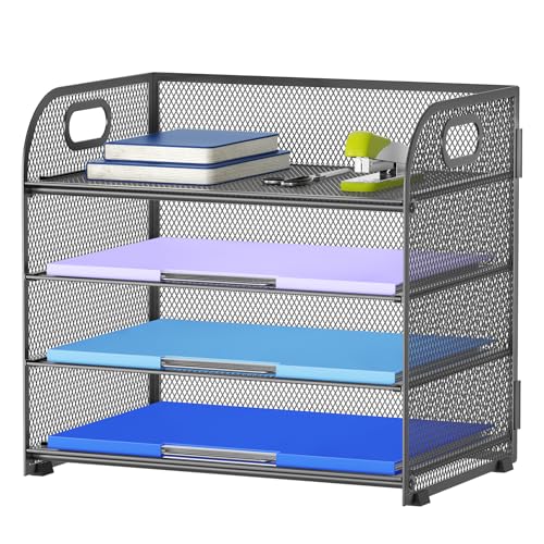 Marbrasse 4 Tier Paper Organizer Letter Tray - Mesh Desk File Organizer with Handle, Paper Sorter Organizer for Letter Office File Folder Holder (Grey, 12.6" x 9.1" x 10.7") - color: Gray