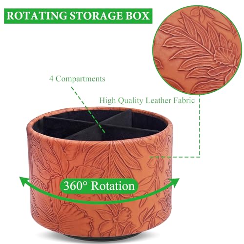 Round Leather Art Supply Organizer,Remote Control Holder,360 Degree Spinning,Multi-Functional Pencil Holder,4 Compartments Desktop Stationary Organizer(1-Carved Brown) - color: 1-Carved Brown