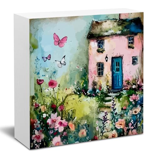 Funny Spring Decor Spring Decorations for Home Table Springtime Cottage Wood Sign Mini Art Floral Landscape Decor Springtime Home Decorative Gifts for Women 5 X 5 Inch - color: Spring 1
