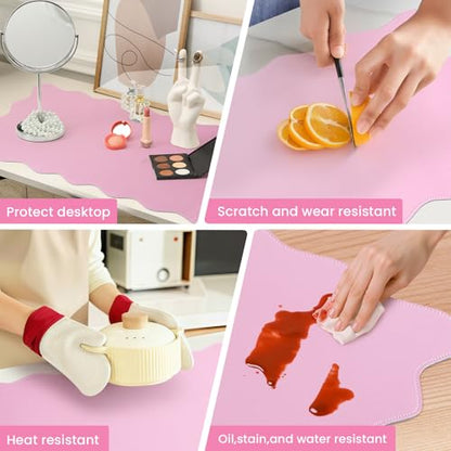 PU Leather Desk Pad, Scalloped Non-Slip Mouse Pad & Large Desk Mat Cover Stitched Edges Writing Pad for Office, Home - Waterproof, Easy to Clean, Durable Surface I 31.4"x15.7", Pink - color: Pink
