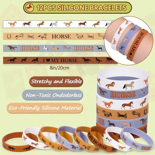 SNLN 12Sets Horse Party Favors Birthday Supplies Boy Girl Kid, Drawstring Bag Silicone Bracelet Tattoo Sticker Keychain Horse Themed Pinata Filler Cowboy Cowgirl Rodeo Western Party Favors Supplies - style: Horse