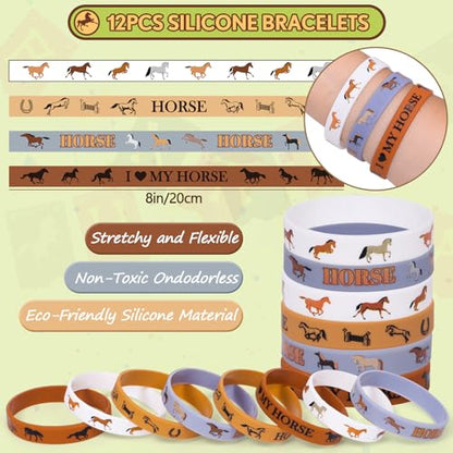 SNLN 12Sets Horse Party Favors Birthday Supplies Boy Girl Kid, Drawstring Bag Silicone Bracelet Tattoo Sticker Keychain Horse Themed Pinata Filler Cowboy Cowgirl Rodeo Western Party Favors Supplies - style: Horse