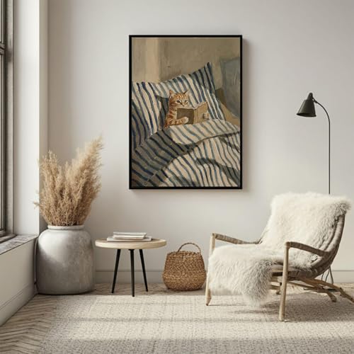 Funny Cat Wall Art Painting Funny Orange Ginger Cat Picture Whimsical Cat in Stripe Bed Reading Wall Decor Cute Animal Book Lover Blue and White Poster Living Room Bedroom 16X24 inch Unframed - color: white-14, size: 24"L x 16"W