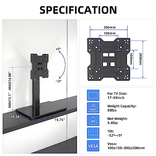 XINLEI Universal TV Stand Base, Table Top TV Stand for 17-43 Inch LCD/LED TVs, Height Adjustable Monitor Mount Stand with Tempered Glass Base Holds up to 88lbs VESA 200x200mm, TS103 - style: 200x200mm Vesa