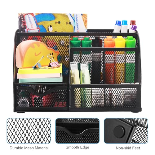 Comix Mesh Pen Pencil Holder Desk Organizer, 7 Compartment Wire Desktop Pen Pencil Cup Caddy Office Supplies for Home Office School, Black - color: 7 Compartments