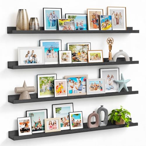Forbena 48 Inch Black Picture Ledge Shelf Set of 4, Extra Long Floating Shelves for Wall with Lip, Narrow Wall Mounted Shelves for Living Room Bedroom Photo Frames, Art Pictures, Books, Legos - color: Black