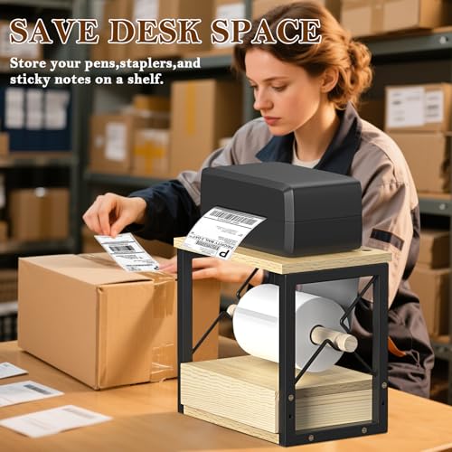 Label Roll Holder & FanFold Labels with Drawer, Wooden Label Holder for Thermal Printer Stand, Thermal Label Holder for Desktop Label Printer, Sticker Roll Holder for Home, Office, Work - color: Wooden