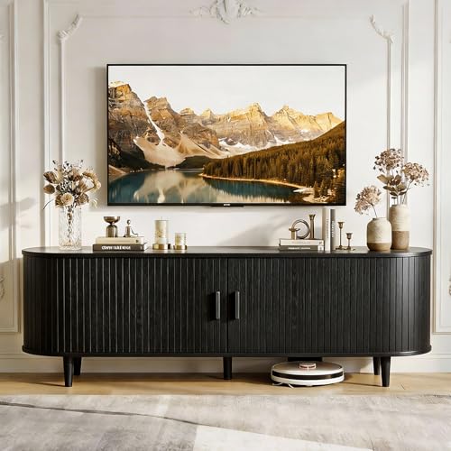 MXV 65" Mid-Century Modern TV Stand with Sliding Doors, TV Consoles with Power Outlet, Fluted Entertainment Center with Adjustable Shelves, for Living Room - color: Black, size: 65in