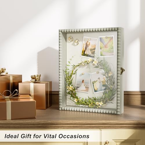 Love-KANKEI Shadow Box Frame 11x14, Deep Large Shadow Box Display Case with Unique Beads Door and Glass Window, Wood Memory Box for Pictures,Medals,Memorabilia,Collections Rustic Grey - color: Grey, size: 11x14
