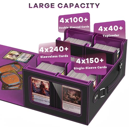 Commander Deck Box for MTG Fits 400+ Double-Sleeved Card Storage, 4 IN 1 Removable Card Case with Multi-purpose Deck Case, Display Window for TCG/PTCG/EDH, 4 Magnetic One Touch Holders(Black Purple) - color: Black Purple