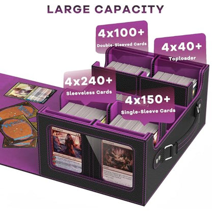 Commander Deck Box for MTG Fits 400+ Double-Sleeved Card Storage, 4 IN 1 Removable Card Case with Multi-purpose Deck Case, Display Window for TCG/PTCG/EDH, 4 Magnetic One Touch Holders(Black Purple) - color: Black Purple
