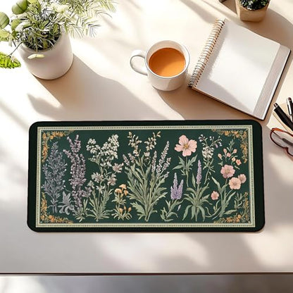 Deep Green Retro Desk Pad, Plant Flower Mouse Pad XXL, Large Gaming Mouse Mat, Laptop Pad, Desktop Protective Pad, Computer Mats with Stitched Edges, Women Office Desk Accessory 31.5"X15.7" - color: Green Lavender