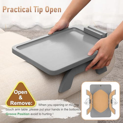 SINWANT Couch Armrest Table,Bamboo Couch Arm Tray with 360° Rotating Phone Holder,Anti Slip Foldable Sofa Arm Tray for Eating Drinking Snacks Remote on Armrest 15.35"x9.85" - color: Gray
